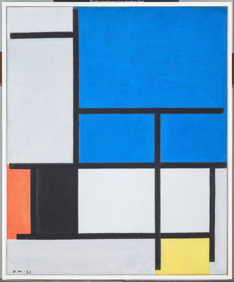 Koostumus suuresta sinisestä, punaisesta, mustasta, keltaisesta ja harmaasta lentokoneesta - Piet Mondrian