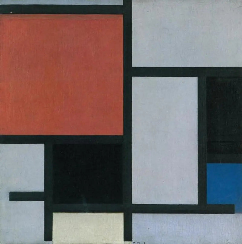 Koostumus suuresta punaisesta, mustasta, sinisestä, keltaisesta ja harmaasta lentokoneesta - Piet Mondrian
