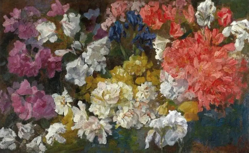 Kukka-asetelma rododendroneilla ja iiriksillä - Piet Mondrian