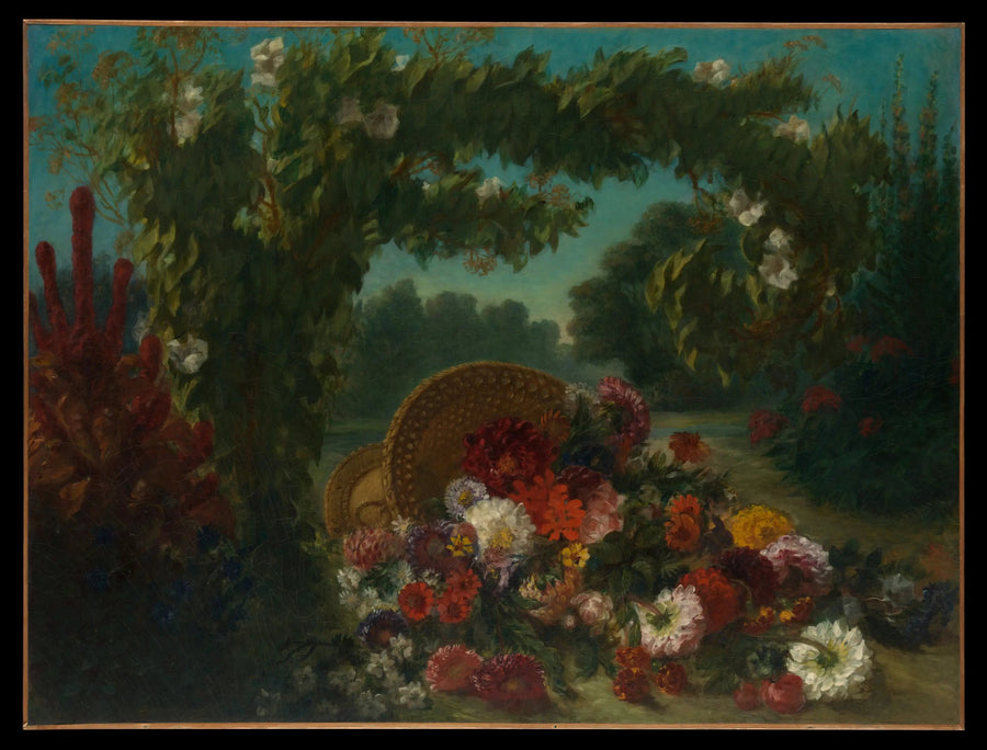 Kukkaiskori kaatuneena puutarhassa - Eugène Delacroix