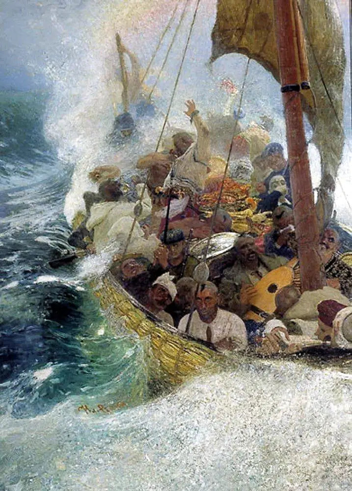 Tsaudit Mustanmeren yllä. Tsaudit zaporogit chaikalla myrskyn aikana. - Ilya Repin