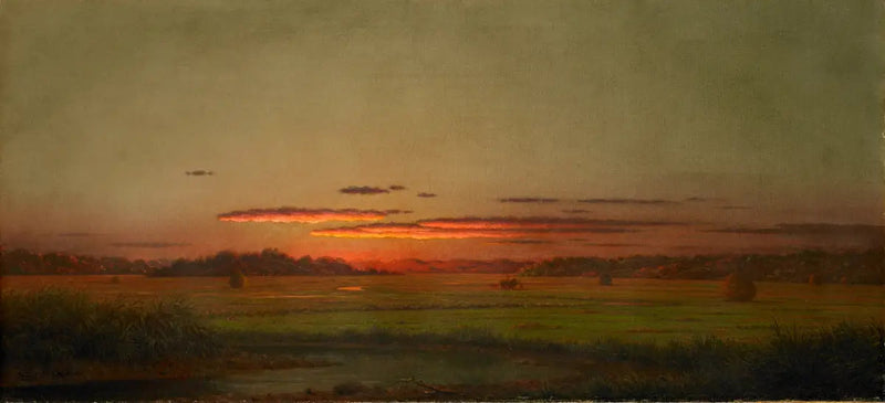 Auringonlasku, heinäkärri kaukana - Martin Johnson Heade