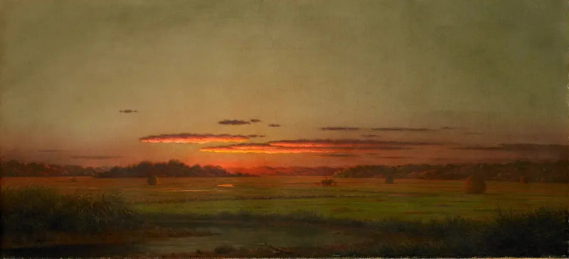 Auringonlasku, heinäkärri kaukana - Martin Johnson Heade