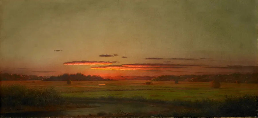 Auringonlasku, heinäkärri kaukana - Martin Johnson Heade