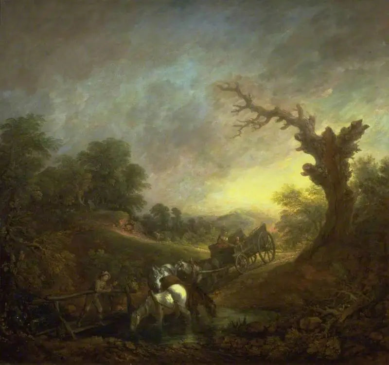 Auringonlasku: Työhevoset juomassa joen rannalla - Thomas Gainsborough
