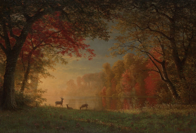 Intian auringonlasku: hirvi järven rannalla - Albert Bierstadt
