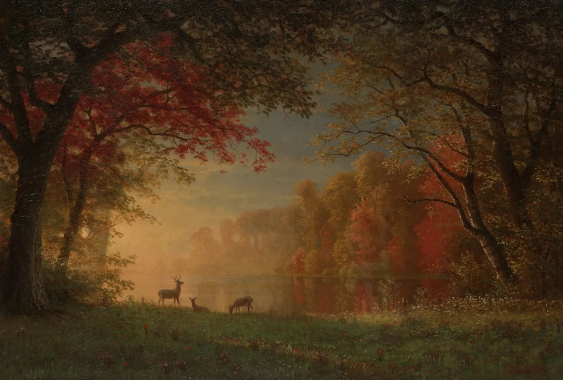 Intian auringonlasku: hirvi järven rannalla - Albert Bierstadt