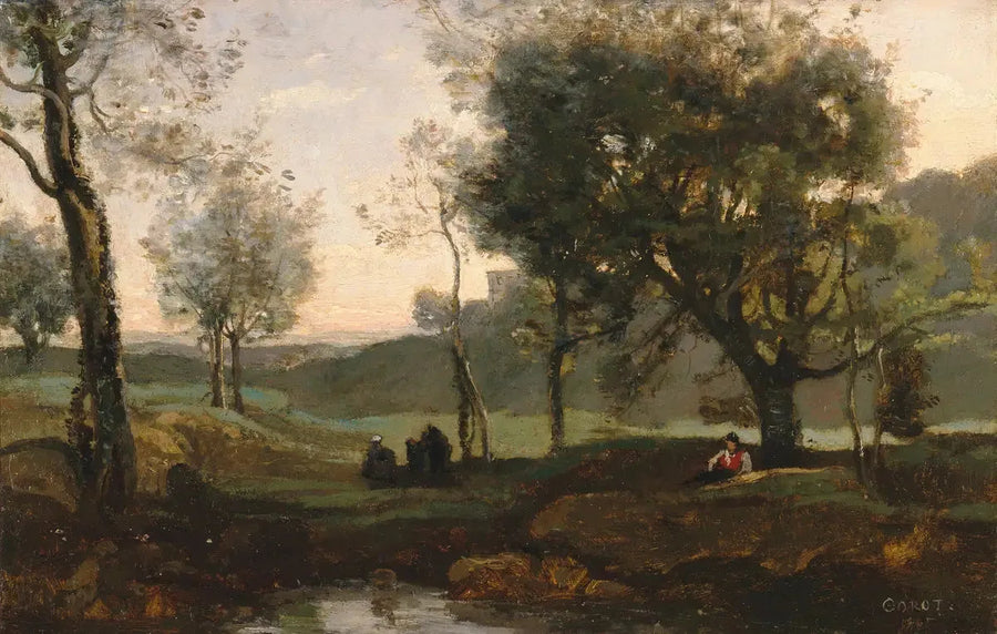 Auringonlasku: henkilöt puiden alla - Jean-Baptiste Camille Corot