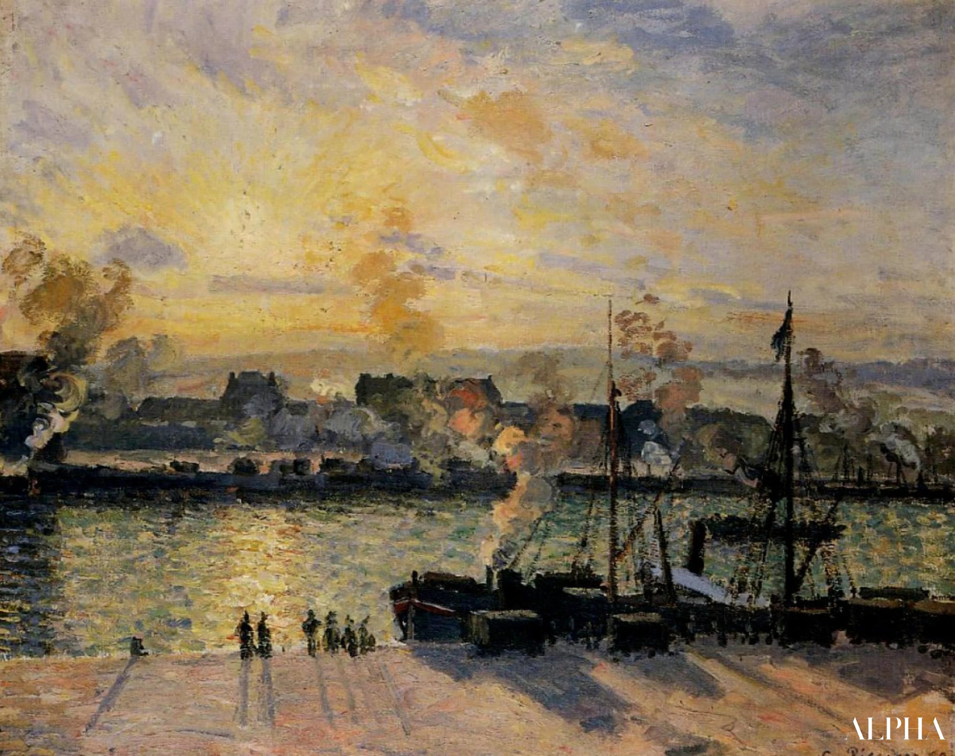 Auringonlasku, Rouenin satama - Camille Pissarro - Taulujen ja korkealaatuisten maalauksien reproduktiot