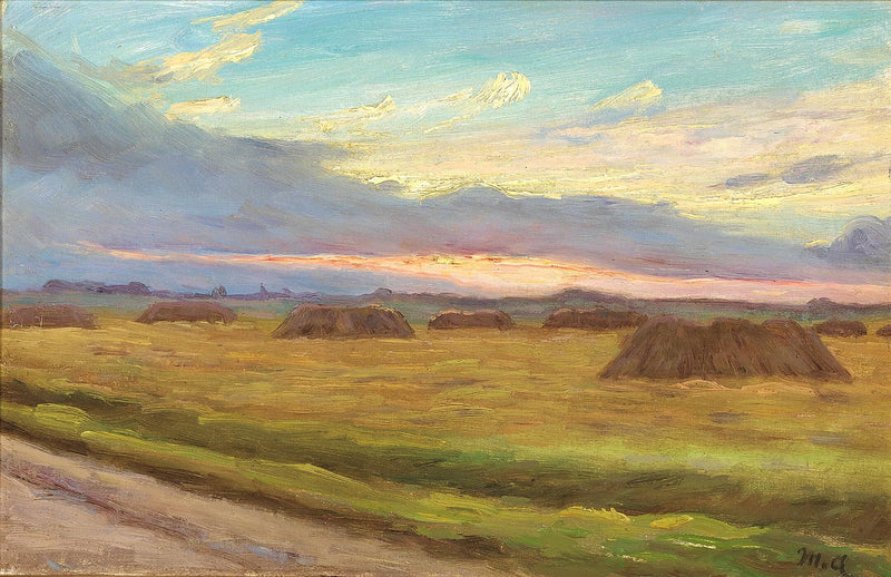 Auringonlasku sadonkorjuumaiseman yllä Skagenissa. - Michael Peter Ancher