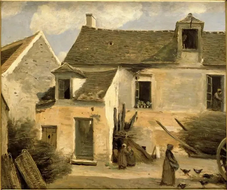 Maatilaisen talon piha Pariisin lähistöllä - Jean-Baptiste Camille Corot