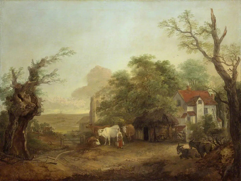 Maatilan piha lehmäntarhassa, lehmät ja aasit - Thomas Gainsborough