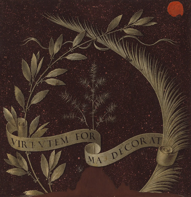 Laakerikruunu, palmun ja katajan oksat, joissa on pergamentti, jossa on teksti Virtutem Forma Decorat [takapuoli] - Leonardo da Vinci