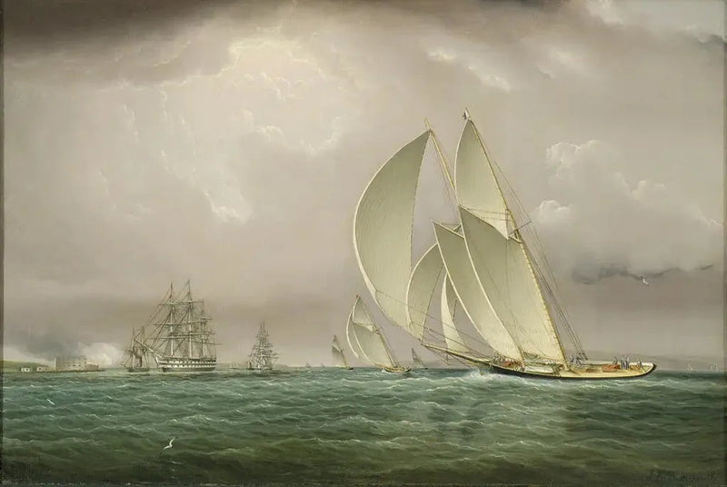 Yachtsin kilpailu New Yorkin satamassa, merisotakäynti Williamin linnassa Gouverneur-saarella - James E. Buttersworth