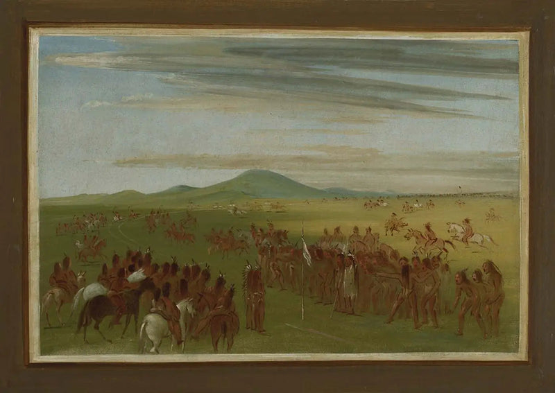 Ratsastuskilpailut Mandanin kylän takana olevalla radalla - George Catlin