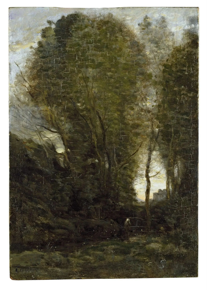 Auringonlasku: Maisema suurten puiden ja naisfiguurin kanssa - Jean-Baptiste Camille Corot