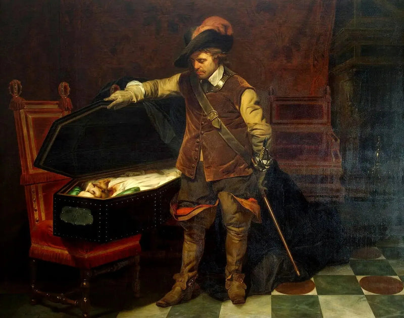 Cromwellin edessä Charles I:n arkussa - Paul Delaroche