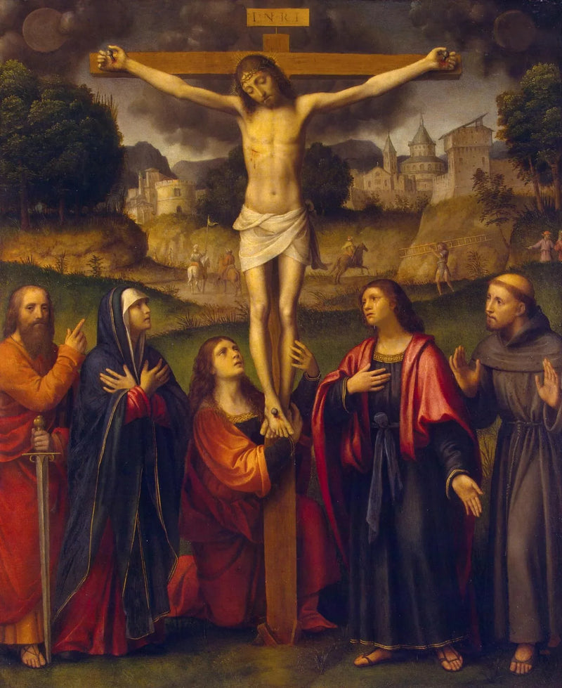 Ristiinnaulitseminen Marian ja pyhien Paavalin, Magdalenan, Johanneksen ja Franciscuksen kanssa - Bernardino Luini