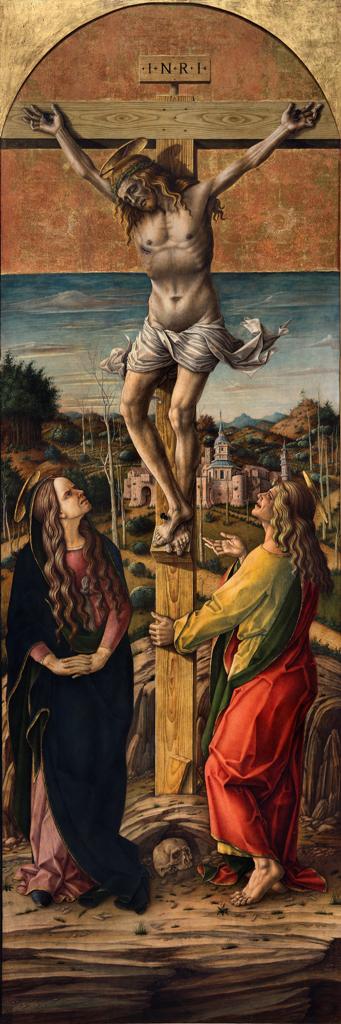 Ristiinnaulitseminen Marian ja Pyhän Johanneksen evankelista kanssa - Carlo Crivelli