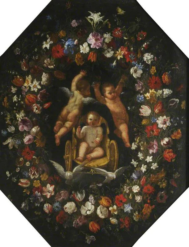 Cupiduksen vaunu, ympäröity kukkakruunulla - Domenichino