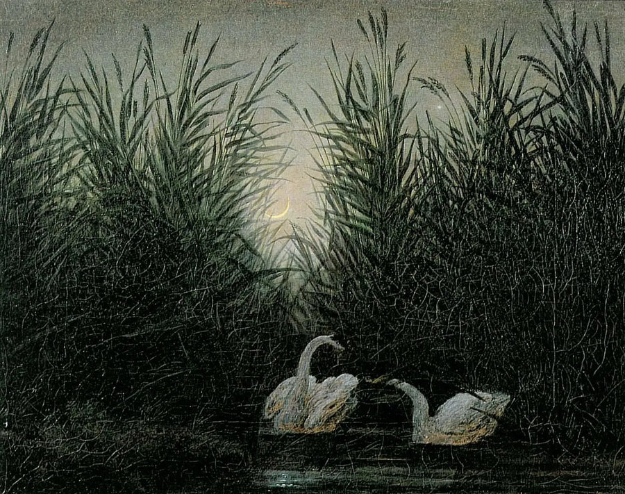 Joutsenet ruokoissa aamun ensimmäisissä valoissa - Caspar David Friedrich