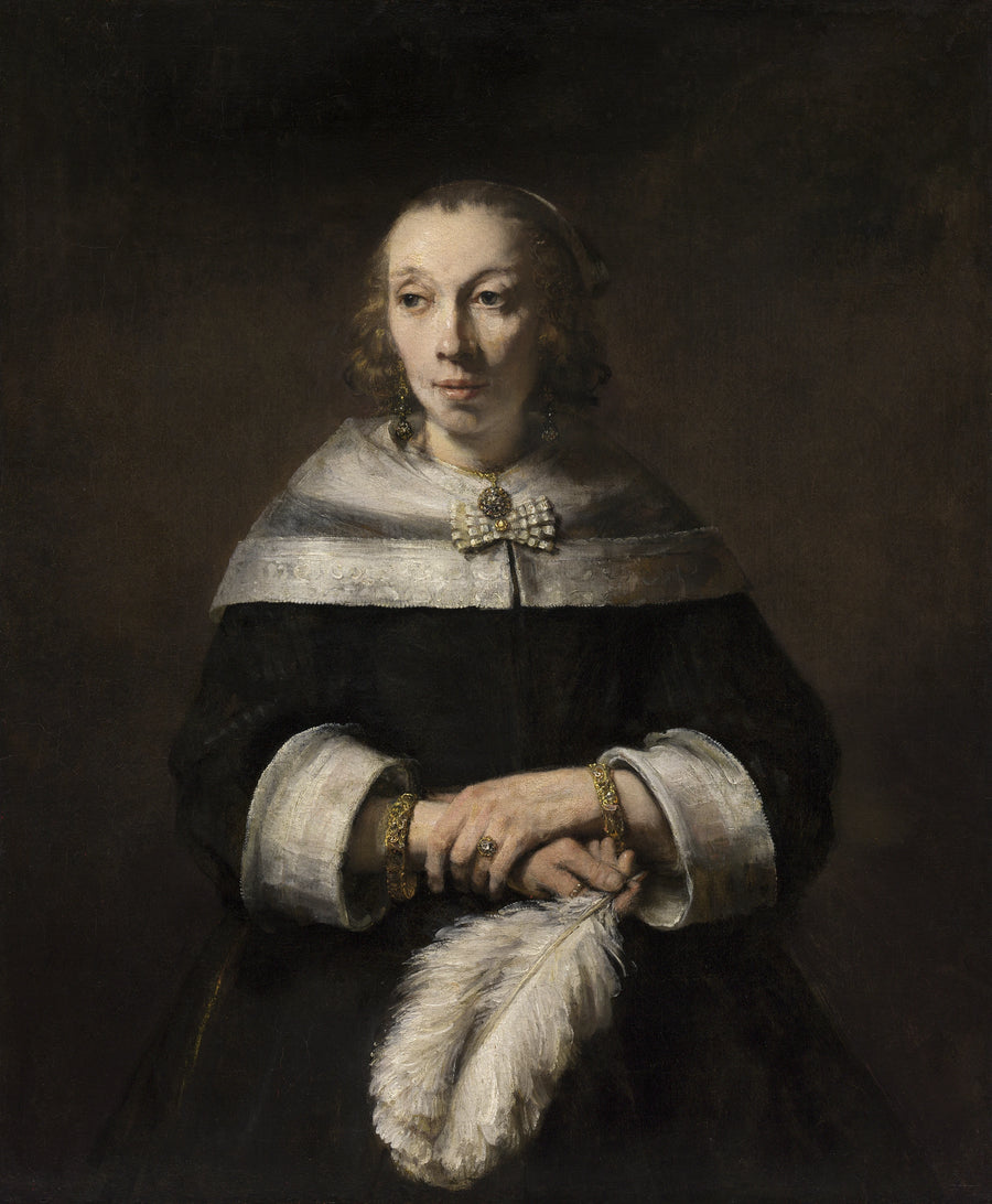 Naisen muotokuva, jossa on strutsinsulkafani - Rembrandt