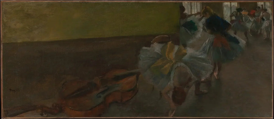 Tanssijat harjoitussalissa kontrabasson kanssa - Edgar Degas