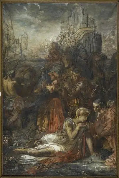 Darius, pakeneva Arbellesin taistelun jälkeen, pysähtyy, väsyneenä, juomaan lammikkoon - Gustave Moreau