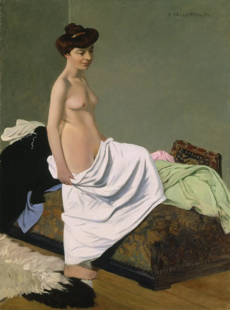 Seisova alasti, pitäen mekkoa polviensa päällä - Félix Vallotton