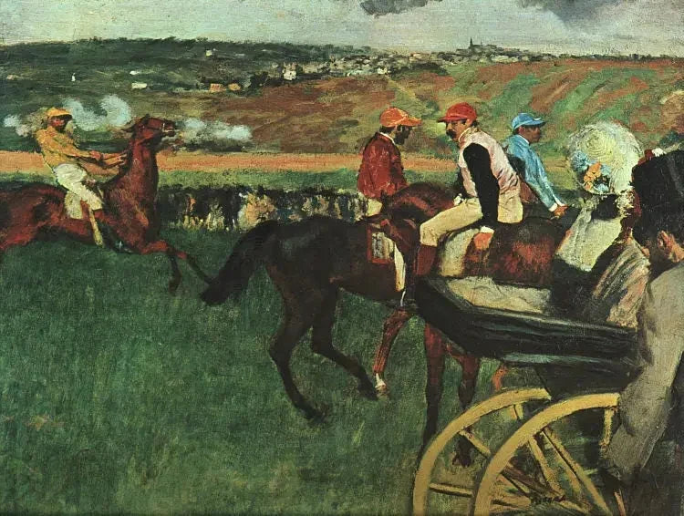 Kilpailukenttä. Harrastajavaljakot auton vieressä - Edgar Degas