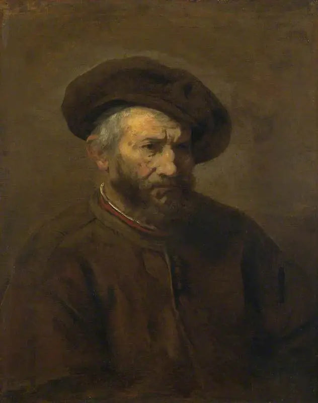 Puolihahmo partaisesta miehestä beretissä - Rembrandt