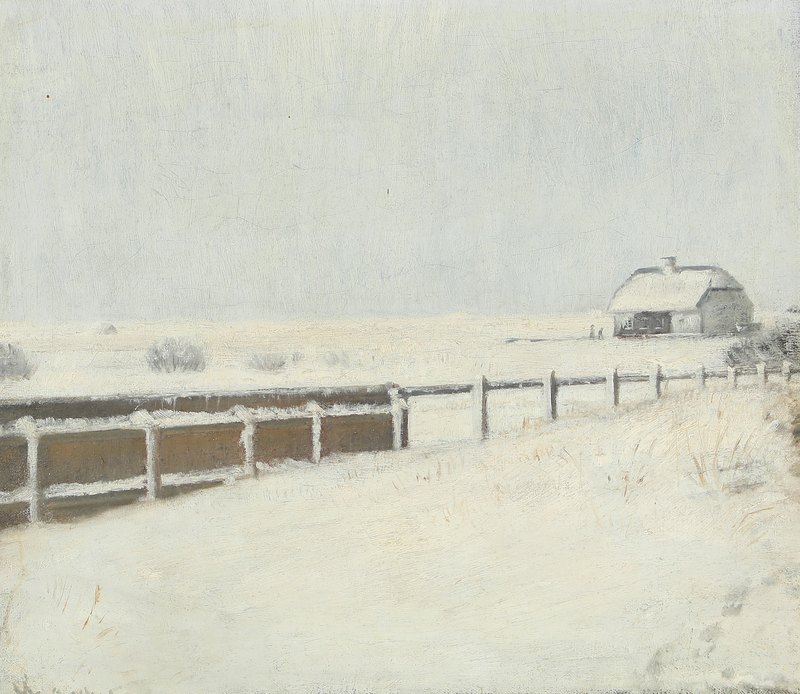 Aitoja ja mökki lumen alla Skagenissa. -Michael Peter Ancher