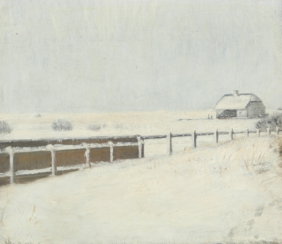 Aitoja ja mökki lumen alla Skagenissa. -Michael Peter Ancher