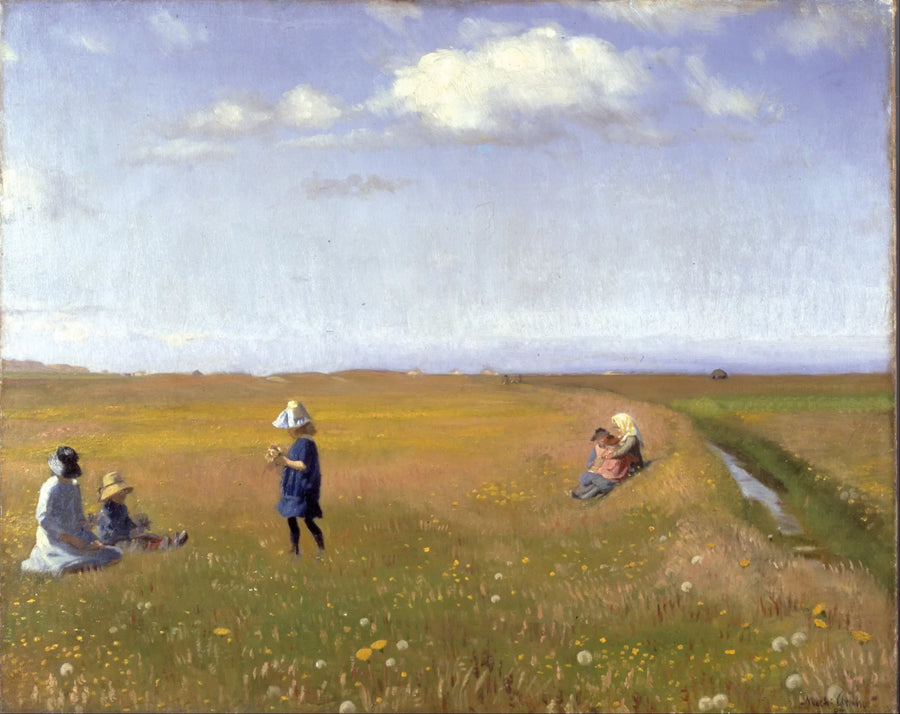 Lapset ja nuoret tytöt poimivat kukkia pellolla Skagenin pohjoispuolella - Michael Peter Ancher