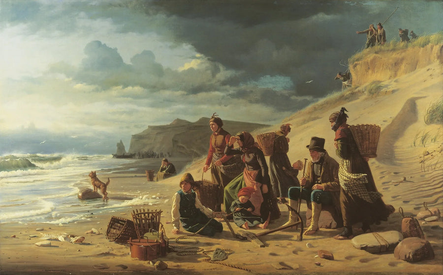 Perheitä kalastajia odottaa heidän paluutaan myrskyn lähestyessä. Jutlannin länsirannalta. - Carl Heinrich Bloch