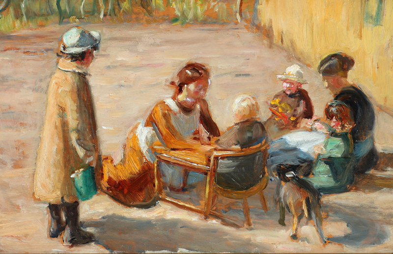 Naisia ​​ja lapsia aurinkoisella pihalla. - Michael Peter Ancher
