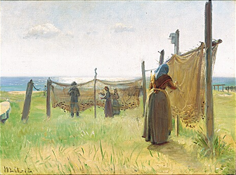 Naiskalastajantytär korjaa verkkojaan Skagenissa. - Michael Peter Ancher