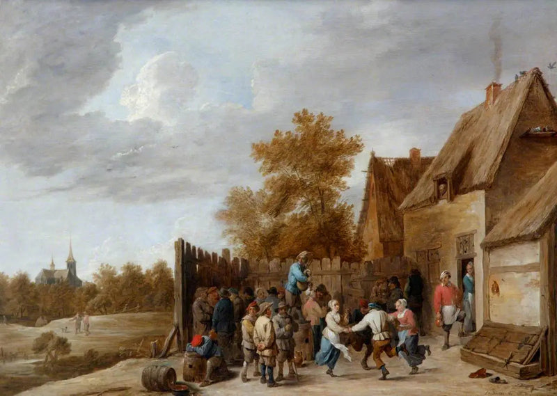 Maatalaiset tanssivat pubin edessä, kylän kirkko taustalla - David Teniers nuorempi