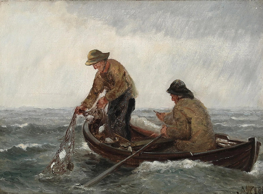 Kalastajat nostavat verkkojaan ilmatäytteisellä veneellä. - Michael Peter Ancher