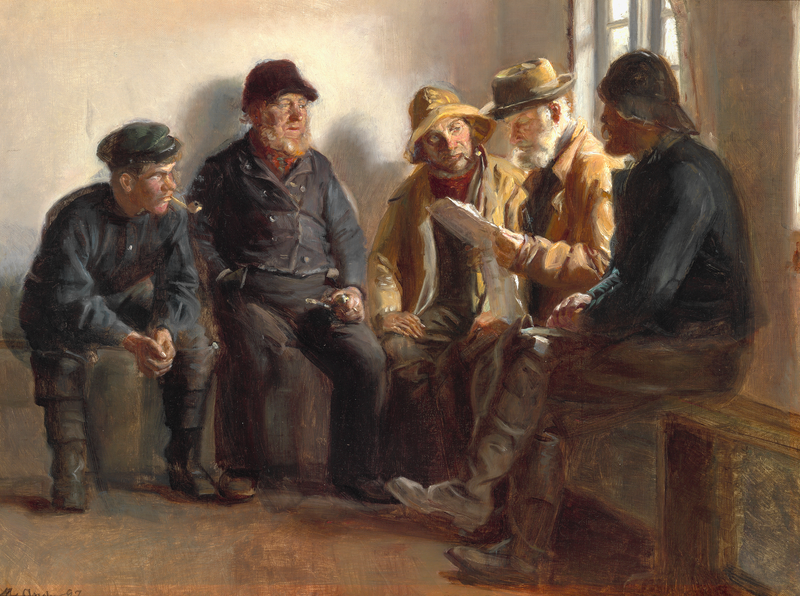 Kalastajia ruokakaupassa Skagenissa. Seren Kruse lukee päivän sanomalehteä. - Michael Peter Ancher