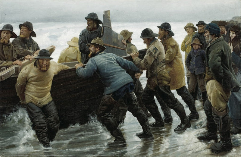 Kalastajat laskevat soutuveneen vesille - Michael Peter Ancher