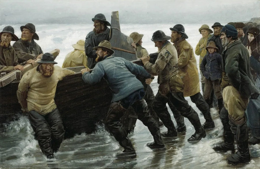 Kalastajat laskevat soutuveneen vesille - Michael Peter Ancher
