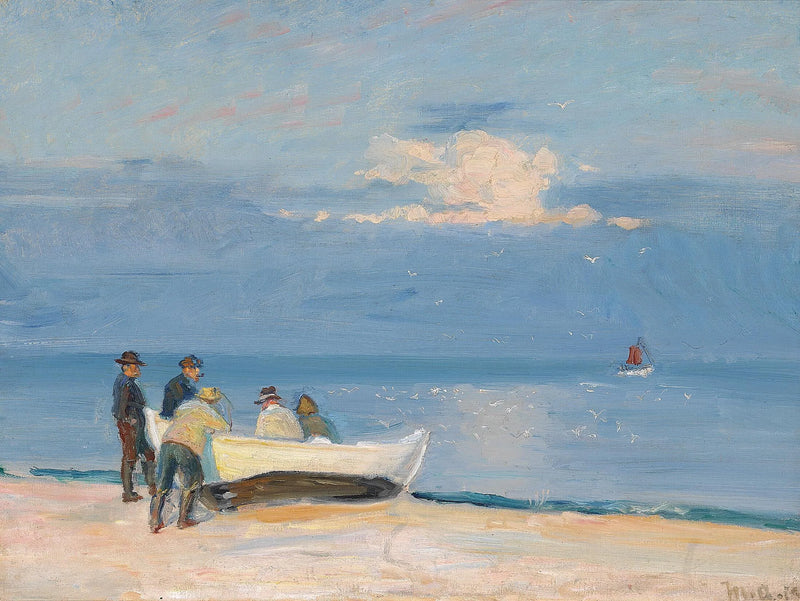 Kalastajat veneessä Skagenin rannalla. -Michael Peter Ancher