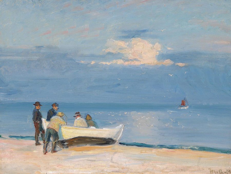 Kalastajat veneessä Skagenin rannalla. -Michael Peter Ancher