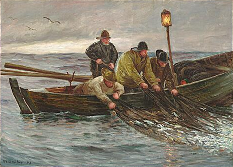 Kalastajat vetävät verkkojaan veneistään. - Michael Peter Ancher