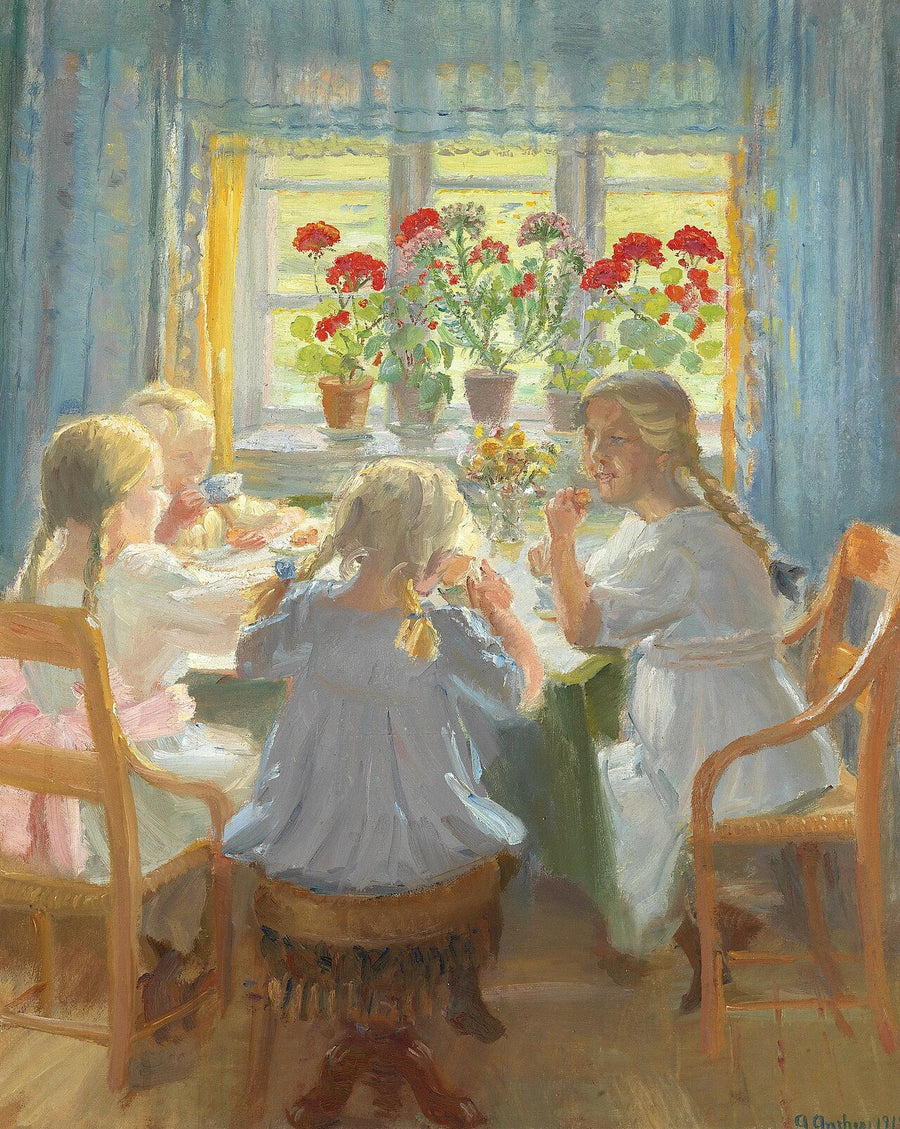 Pienet tytöt juovat teetä Nordstuenissa Anchersin talossa Markvejissa Skagenissa. - Anna Ancher