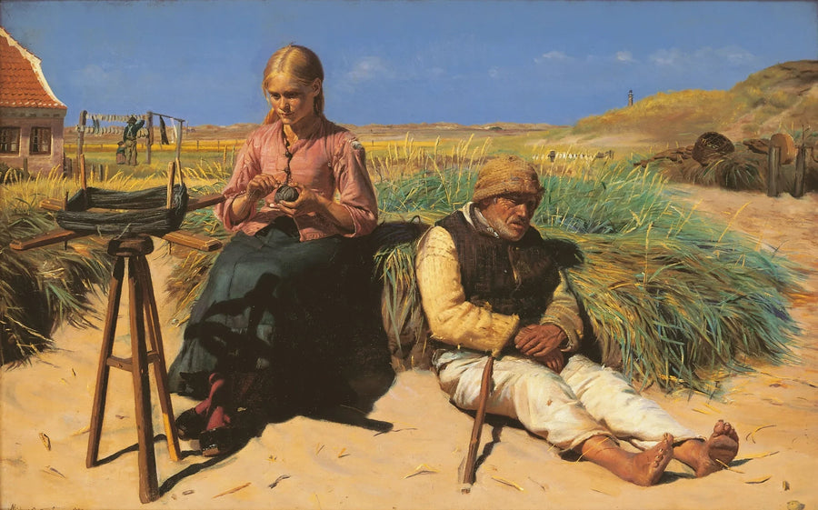 Siluetteja maisemassa. Sokeat Kristian ja Tine dyynien keskellä. - Michael Peter Ancher