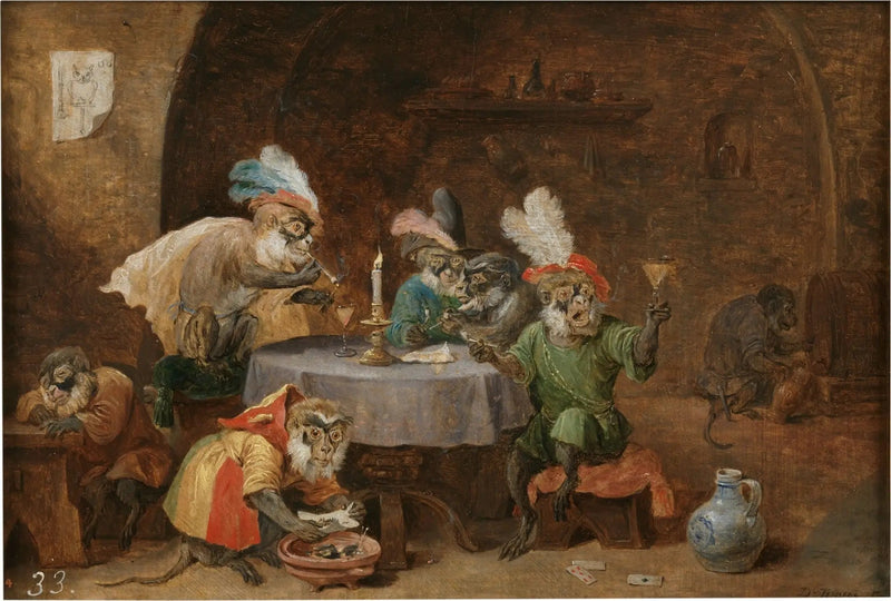 Kissoja, jotka tupakoivat ja juovat - David Teniers nuorempi