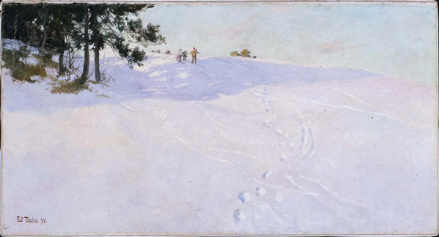 Hiihtäjiä lumisen mäen huipulla - Frits Thaulow