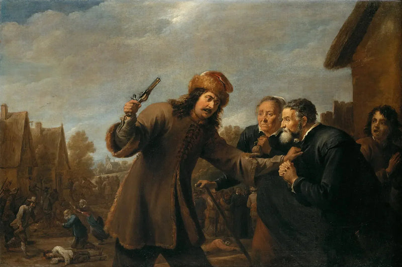 Sotilaat hyökkäävät kylään - David Teniers nuorempi